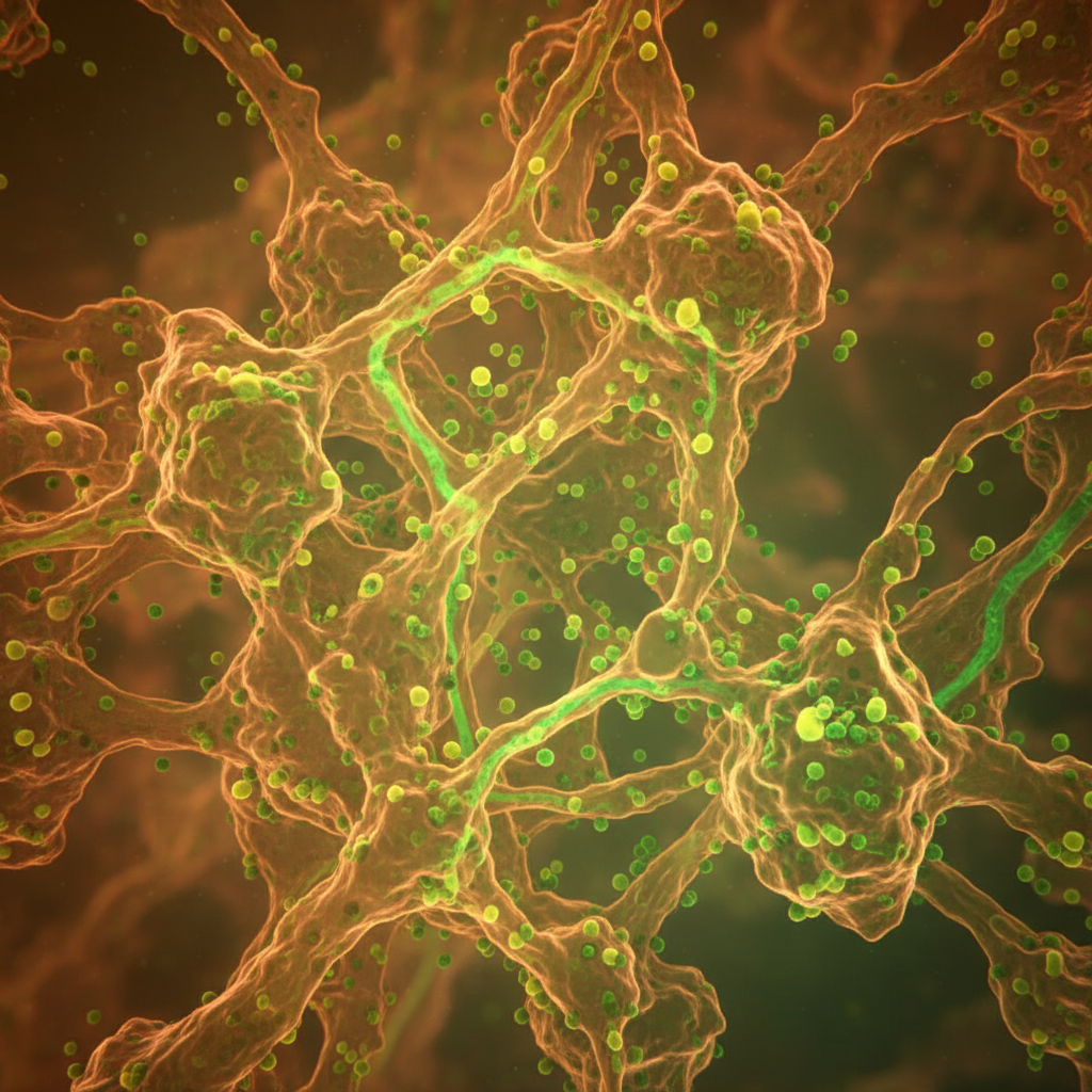 Mikroskopbild som visar biologiska strukturer i varmt ljus och gröna toner som representerar cellulära processer