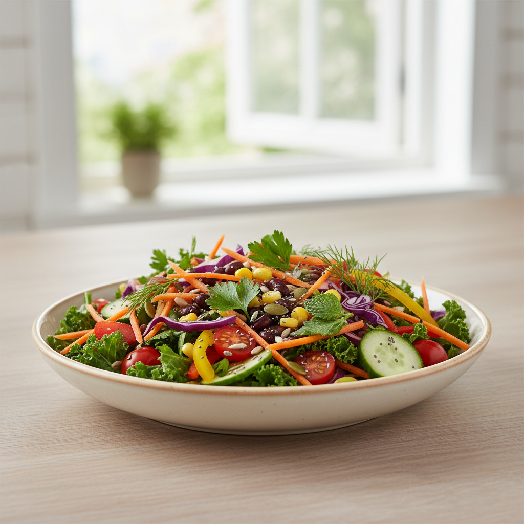 Färgglad skål med sallad av grönsaker, frön och örter på ett ljust träbord som visar mångfald i naturlig mat