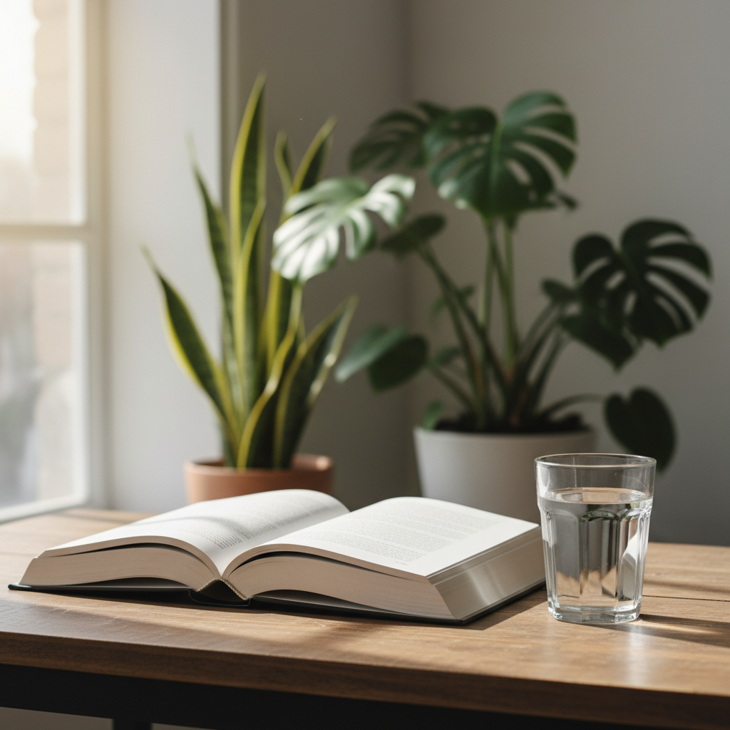 Öppen bok på ett träbord med ett glas vatten och gröna växter i bakgrunden symboliserar kunskap och klarhet