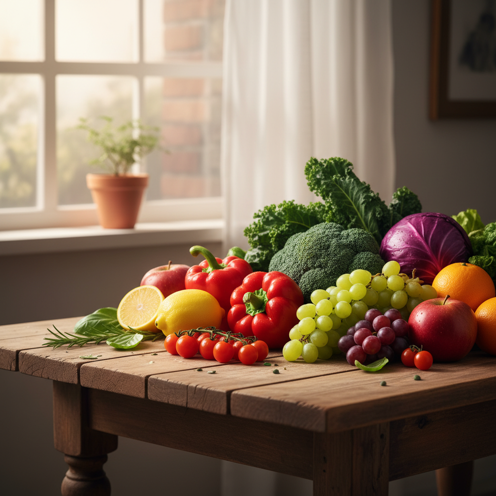 Färska grönsaker och frukter upplagda på ett träbord med varmt naturligt ljus från ett fönster