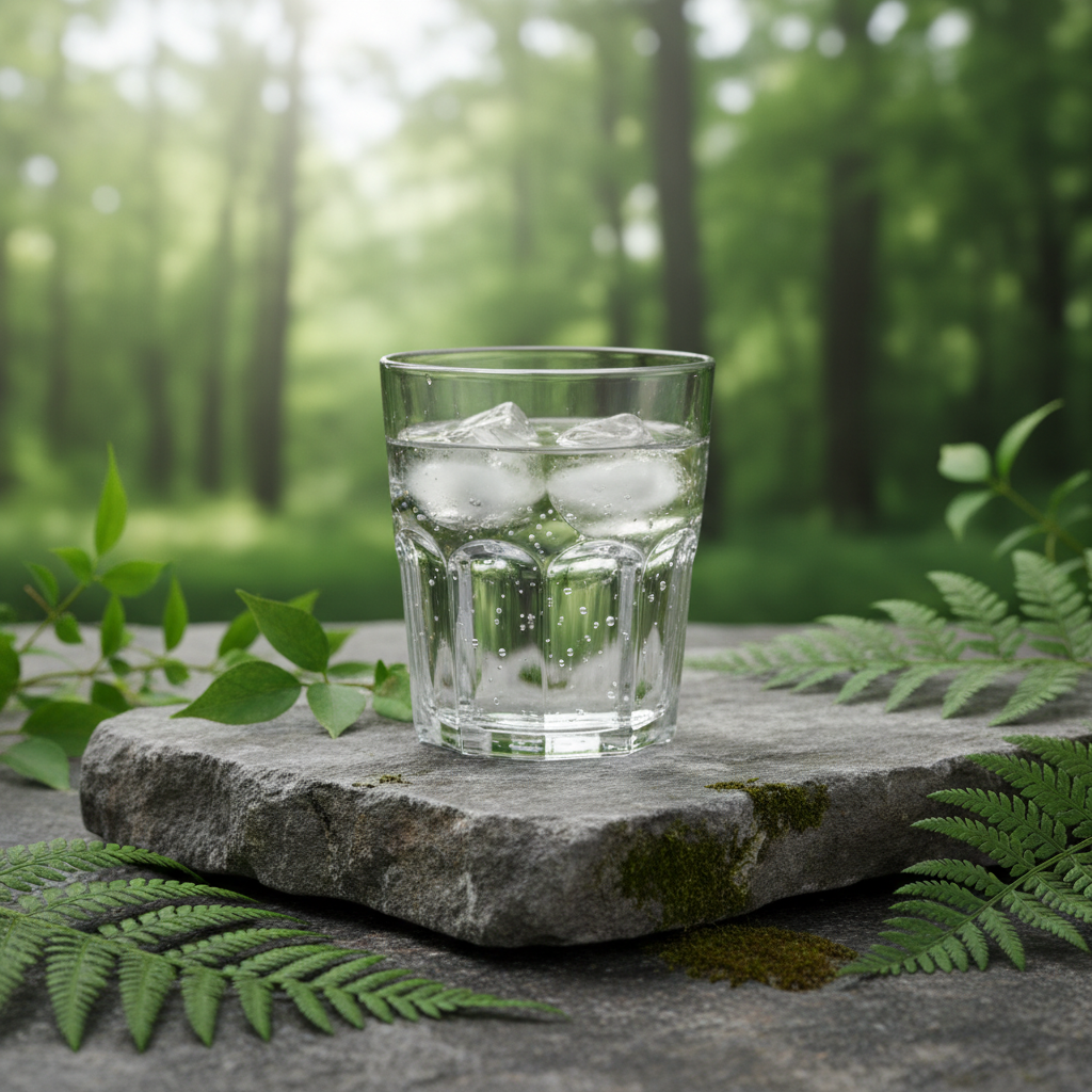 Glas med klart vatten och iskuber på en stenbänk omgiven av gröna blad och naturlig miljö