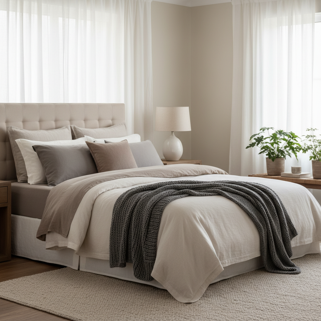 Lugnt sovrum med naturligt dämpat ljus och neutrala textiler som skapar en avslappnad atmosfär